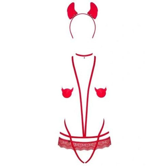 Костюм дияволиці Obsessive Evilia teddy red L/XL 4 предмети | Зображення 2