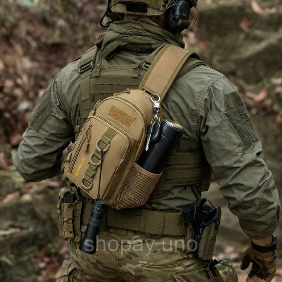 Тактична сумка через плече слінг Cordura 1000D MOLLE 5 кишень з кишенею під планшет 30×18×10 см койот | Зображення 7