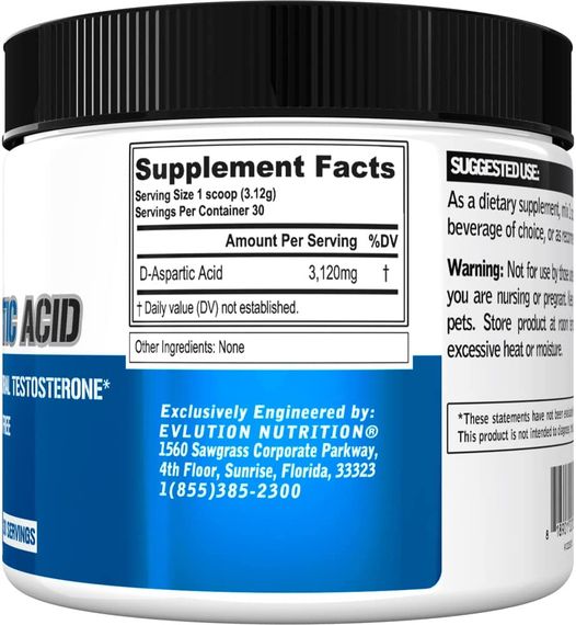 D-аспарагиновая кислота Evlution Nutrition D-Aspartic Acid 94 g (Unflavored) | Зображення 1