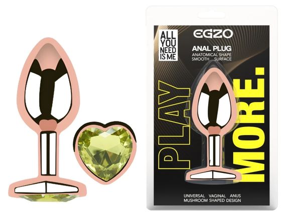 Анальна пробка EGZO Rose Gold Heart Plug M із лаймовим кристалом зі сталі Sex Aura