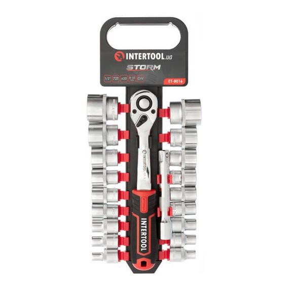 Набір головок STORM 1/2", 8-32 мм, подовжувач, рукоятка з храповим механізмом, 20 од., Cr-V INTERTOOL ET-8016 | Зображення 2