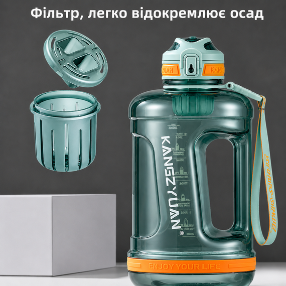 Эко-бутылка KANGZYUAN 1500 мл (1.5 л) - Зеленая Tritan BPA-free, ударопрочная, спортивная с ручкой и ремешком | Зображення 2