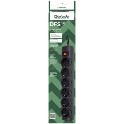 Мережевий фільтр живлення Defender 153, 3 m, 6 роз, black (99495) (99495) | Зображення 1