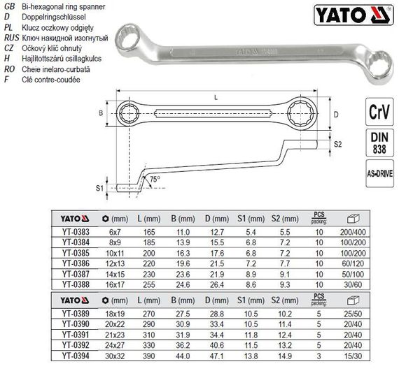 Ключ накидной изогнутый YATO Польша CrV М=8х9 l=185 мм YT-0384
