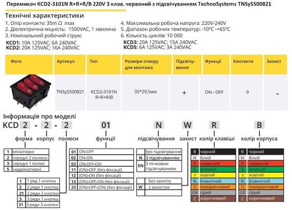 Перемикач KCD2-3101N R R R/B 220V 3 клавіші червоні з підсвічуванням Ny95500821 | Зображення 1