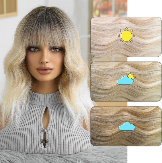 Перука коротка хвиляста каре блонд омбре з чубчиком, термостійке синтетичне волосся з натуральним проділом,  для зміни образу | Зображення 7