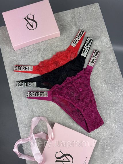 Подарунковий набір жіночих мереживних трусиків Victoria's Secret (3 шт) бразиліана зі стразами в брендовій коробці М | Зображення 1