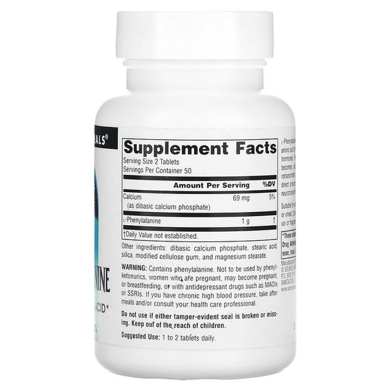 Фенілаланін Source Naturals L-Phenylalanine 500 mg 100 Tabs | Зображення 1