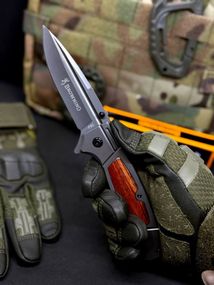 Ніж Browning BR3 складний напівавтоматичний з деревʼяною накладкою на рукоятці чорний/коричневий