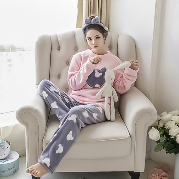 Женская пижама Lesko Mickey Mouse Pink + Gray L теплая зимняя для дома | Зображення 9