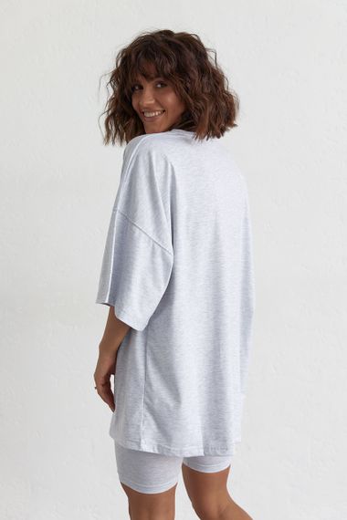 Женский костюм с футболкой oversize и велосипедками - светло-серый цвет, L (есть размеры) | Зображення 1