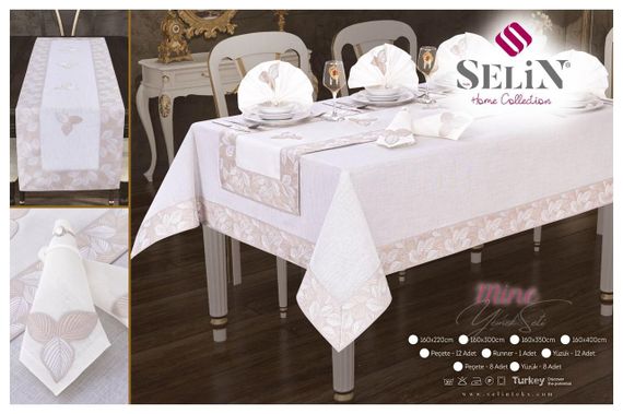 Лляна скатертина з ранером Selin Mine Set 160×220+12 серветок