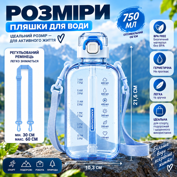 Спортивная бутылка для воды SPORT 750 мл с ремешком - многоразовая BPA-free пластиковая бутылка с герметичной крышкой, голубая | Зображення 2