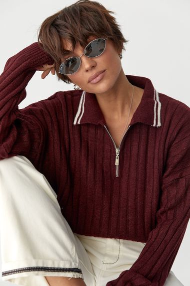В'язана кофта-поло в широкий рубчик - бордо цвет, ONE SIZE (є розміри)