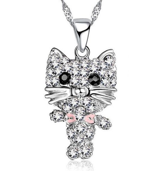 Кулон на ланцюжку Liresmina Jewelry Милий котик з рожевим бантиком фіанітами 2.7 см сріблястий