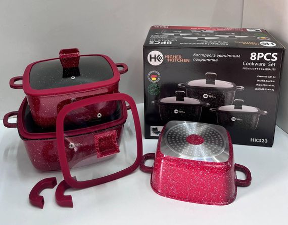 Набір квадратних каструль із силіконовими кришками Higher Kitchen HK-323 Червоний | Зображення 1