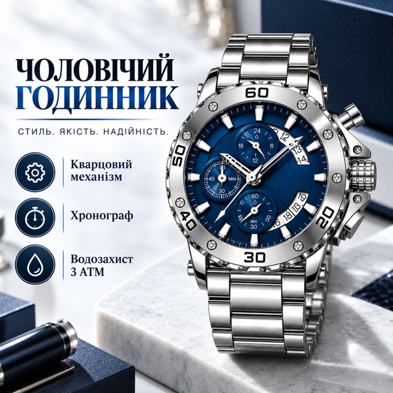 Чоловічий кварцовий годинник Poedagar 892 з браслетом із нержавіючої сталі, синім циферблатом, хронографом і світними стрілками