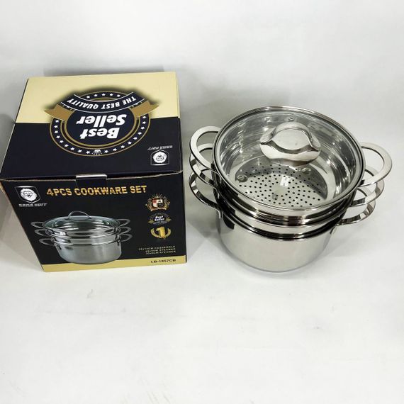 Кастрюля-пароварка LB-1857CB из нерж. стали со стеклянной крышкой, индукция, ZQ-762 3,7л., 4пр