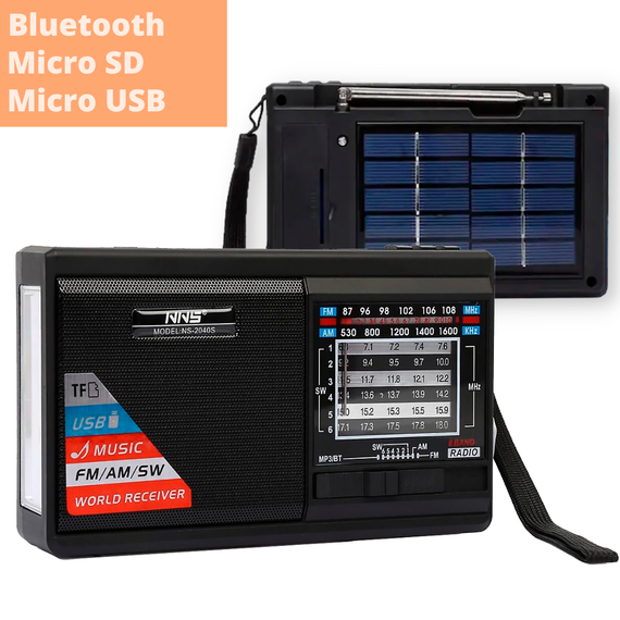 Радиоприемник портативный NNS NS-2040S Solar с фонарем, солнечной панелью, Bluetooth, USB, TF черный (24406-NS-2040S_844) | Зображення 1
