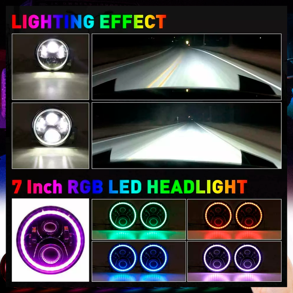 Cветодиодные LED фары RGB, 75 Вт, 7 дюймов, Нива, УАЗ, ВАЗ 2101, 2121, FJ Cruiser, Мото | Зображення 7