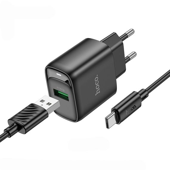 МЗП Hoco C140A Smart QC3.0 18W (1USB-A) + кабель USB to Type-C Black | Зображення 1