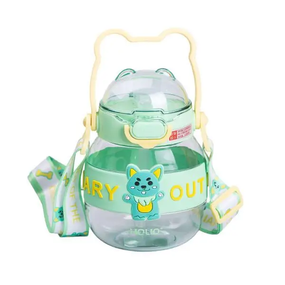 Бутылка для воды детская с трубочкой 580 мл с ручкой и ремешком Зеленая HP-14-37GR