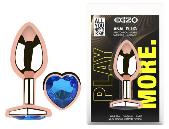 Анальна пробка EGZO Rose Gold Heart Plug із синім кристалом, металева, розмір M Sex Aura