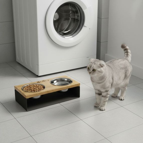 Миски на подставке из цельного металлического листа для собак и котов Hollky SteelWood S (2 × 0,45 л) SWS-36188-GRNT | Зображення 1