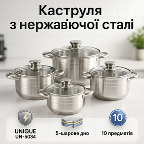 Комплект каструль UNIQUE UN-5034 10 шт, Набір каструль хорошої якості, Каструлі з прозорими кришками QC-46