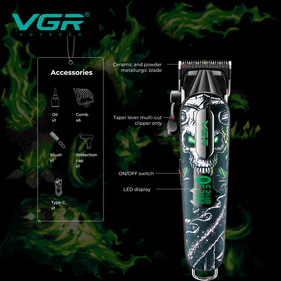 Аккумуляторная машинка для стрижки VGR V-279 GREEN, 6 насадок, 9000 RPM, 2500 mAh, LED дисплей | Зображення 3
