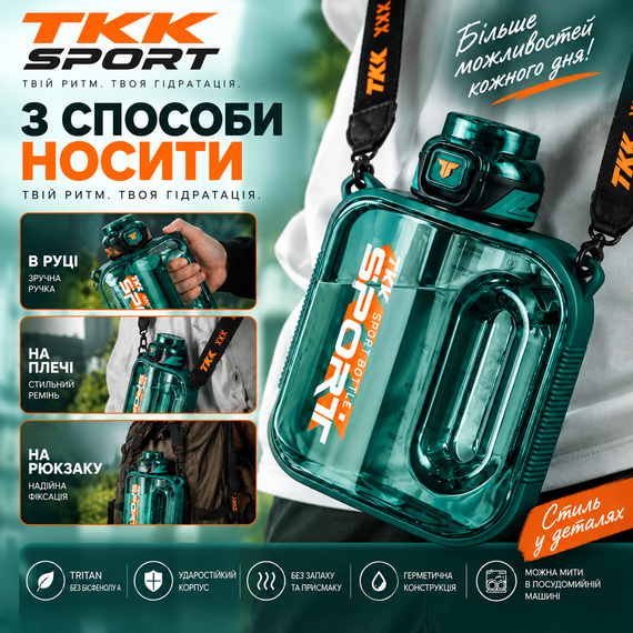 Бутылка TKK SPORT 1000 мл из Tritan - зеленая, BPA Free, ударопрочная спортивная бутылка с герметичной крышкой | Зображення 3