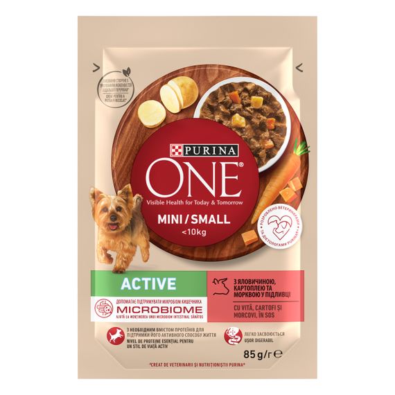 Влажный корм Purina One для взрослых активных собак мелких пород с говядиной, картофелем и морковью 78шт*85г