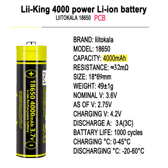 Аккумулятор 18650 с защитой, 4000 мАч LiitoKala King 4000-PCB | Зображення 2