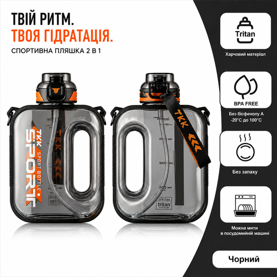 Бутылка TKK 1000 мл - Черная Tritan BPA-free, ударопрочная, спортивная с герметичной крышкой | Зображення 2