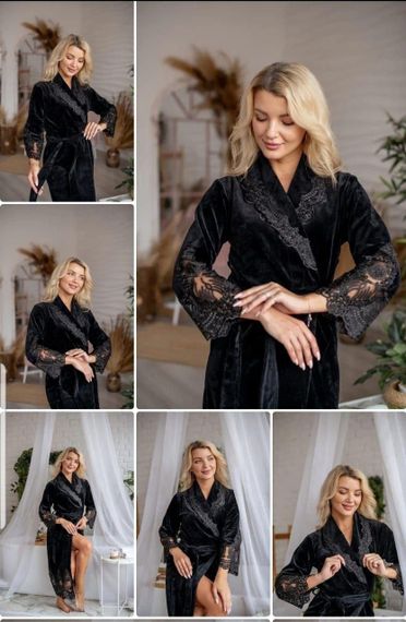 Жіночий халат Nusa 0383 велюровий з мереживом, чорний S | Зображення 5