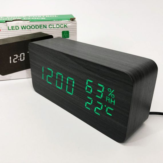 Электронные настольные часы VST-862S-4 черные с зеленой подсветкой, с датчиками температуры и влажности | Зображення 1