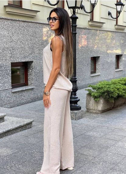 Женский летний брючный костюм с топом лен-жатка DK213 цвет бежевый, размер 42/44 | Зображення 1