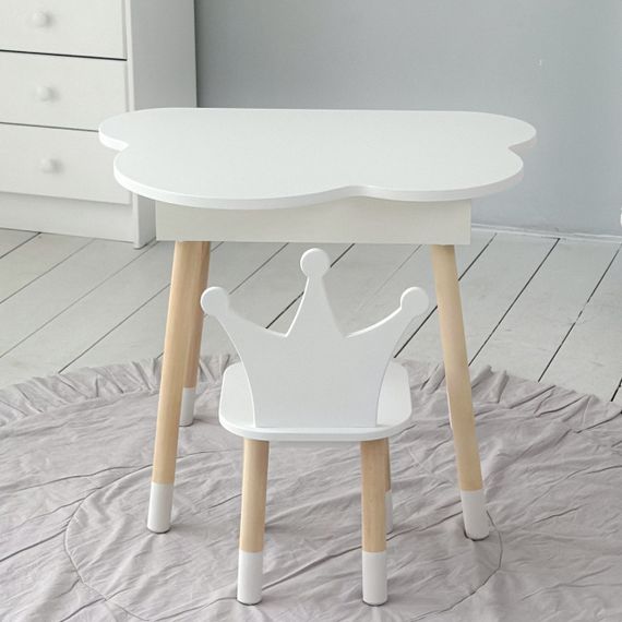 Новинка! Дитячий білий столик хмаринка з нішею і стільчик корона біла 85295
