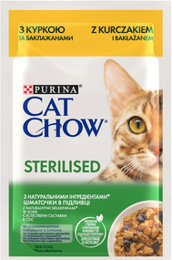 Вологий корм Purina CAT CHOW Sterilised для дорослих стерилізованих котів, курка і баклажани 85г