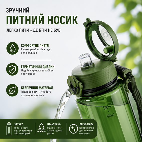 Бутылка для воды KANGZYUAN 500 мл Tritan спортивная, BPA Free, с герметичной крышкой, Зеленая | Зображення 2