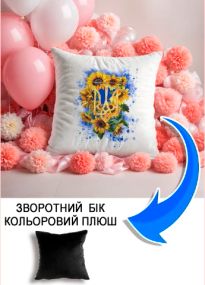 Подушка плюшева Мерч Крафт Дизайн з принтом тризуб 02 чорний плюш квадратна 33х33 см