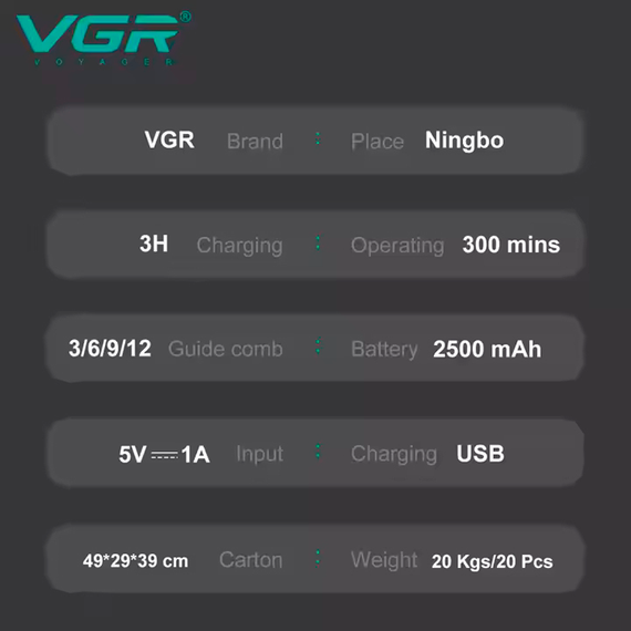 Аккумуляторная машинка для стрижки VGR V-051, 4 насадки, 2500 mAh, LED дисплей | Зображення 1