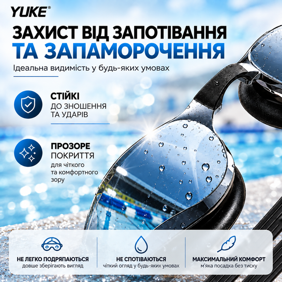 Набор для плавания YUKE: зеркальные очки Anti-Fog с силиконовой шапочкой, черные с черным ремешком | Зображення 8