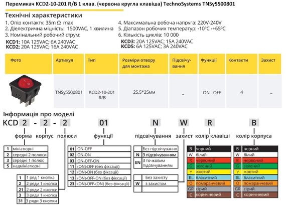 Переключатель KCD2-10-201 R/B 1 клавиша красная круглая Ny95500801 | Зображення 1