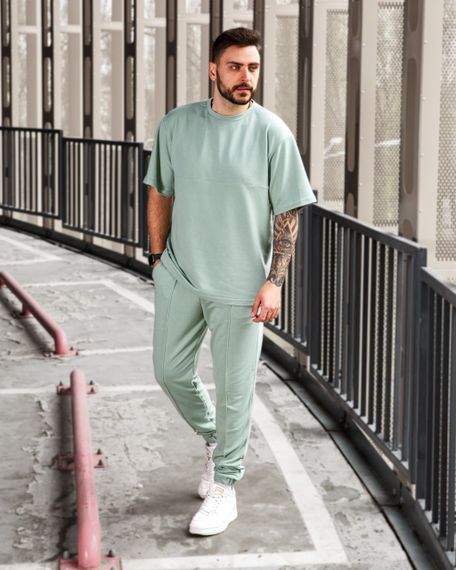 Мужской летний спортивный костюм двойка футболка + штаны BD0016 размер L, цвет бирюзовый