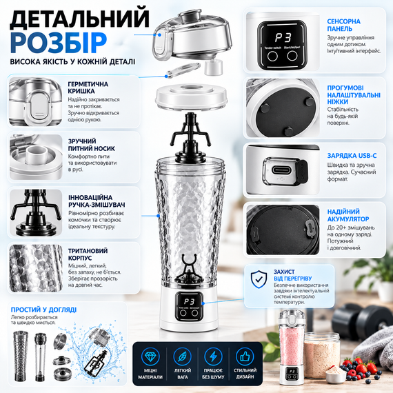 Электрический шейкер аккумуляторный 700 мл белый глянцевый с USB зарядкой и антискользящим корпусом для протеина | Зображення 7