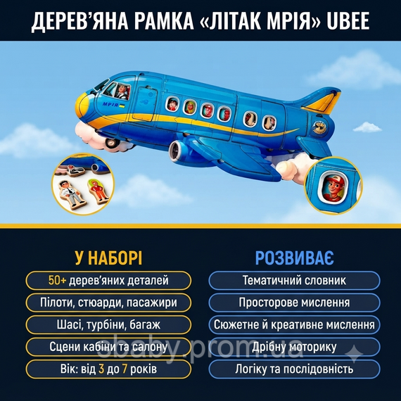 Дерев'яний пазл-вкладиш двошаровий Ubee Літак з сюжетом 50+ деталей | Зображення 2
