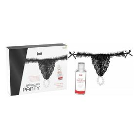 Трусики с жемчужным кольцом и клубничным лубрикантом Intt BRAZILIAN PANTY, Черный, One Size, ONE SIZE