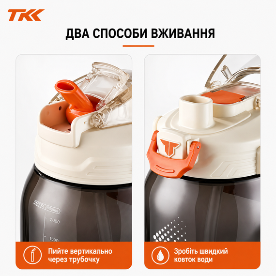 Бутылка для воды TKK спортивная 2000 мл с соломинкой, ручкой и ремешком, герметичная пластиковая. Белая | Зображення 5