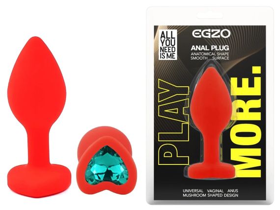 Анальна пробка EGZO Silicone Red Heart Plug S з кристалом, червона силіконова іграшка Sex Aura